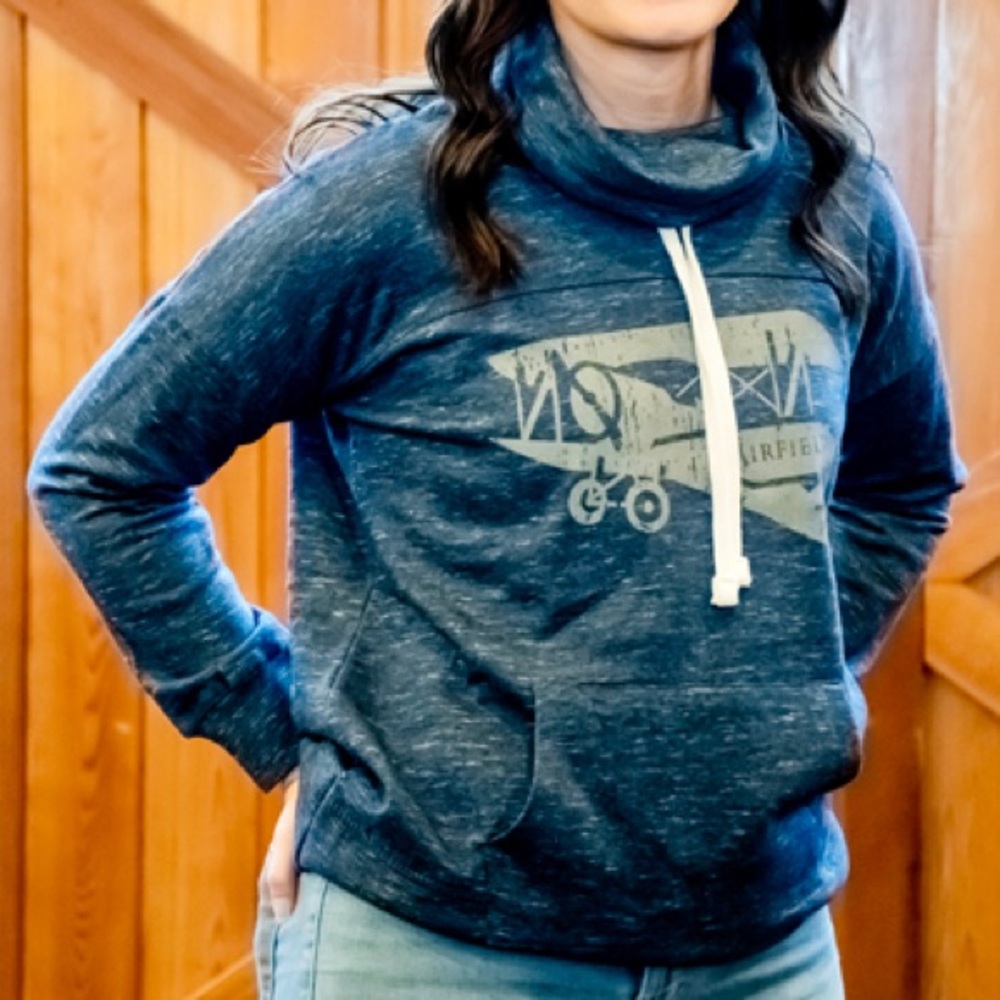 Airfield Estates J. America Women’s Cowl Neck Blue Sweatshirt With Biplane Logo